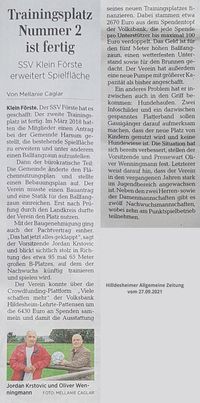 Zeitungsartikel SSV Förste Hildesheimer Allgemeine v. 27.09.2021